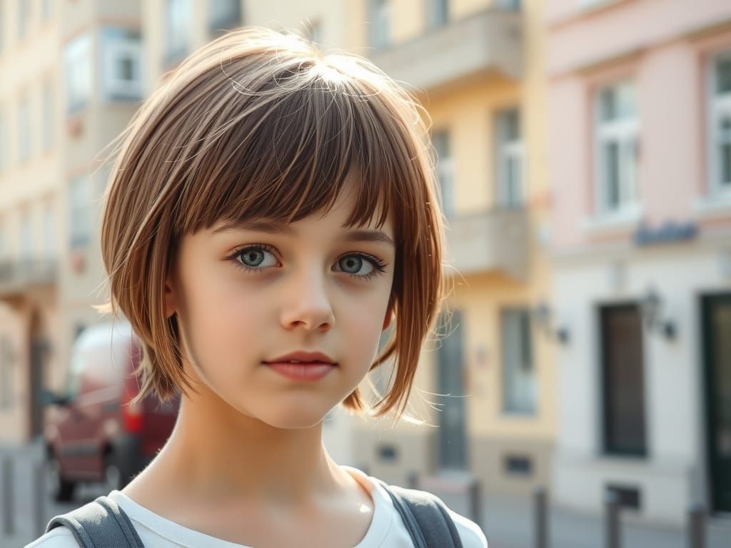 Girl with Bob Hairstyle on Sunny City Street