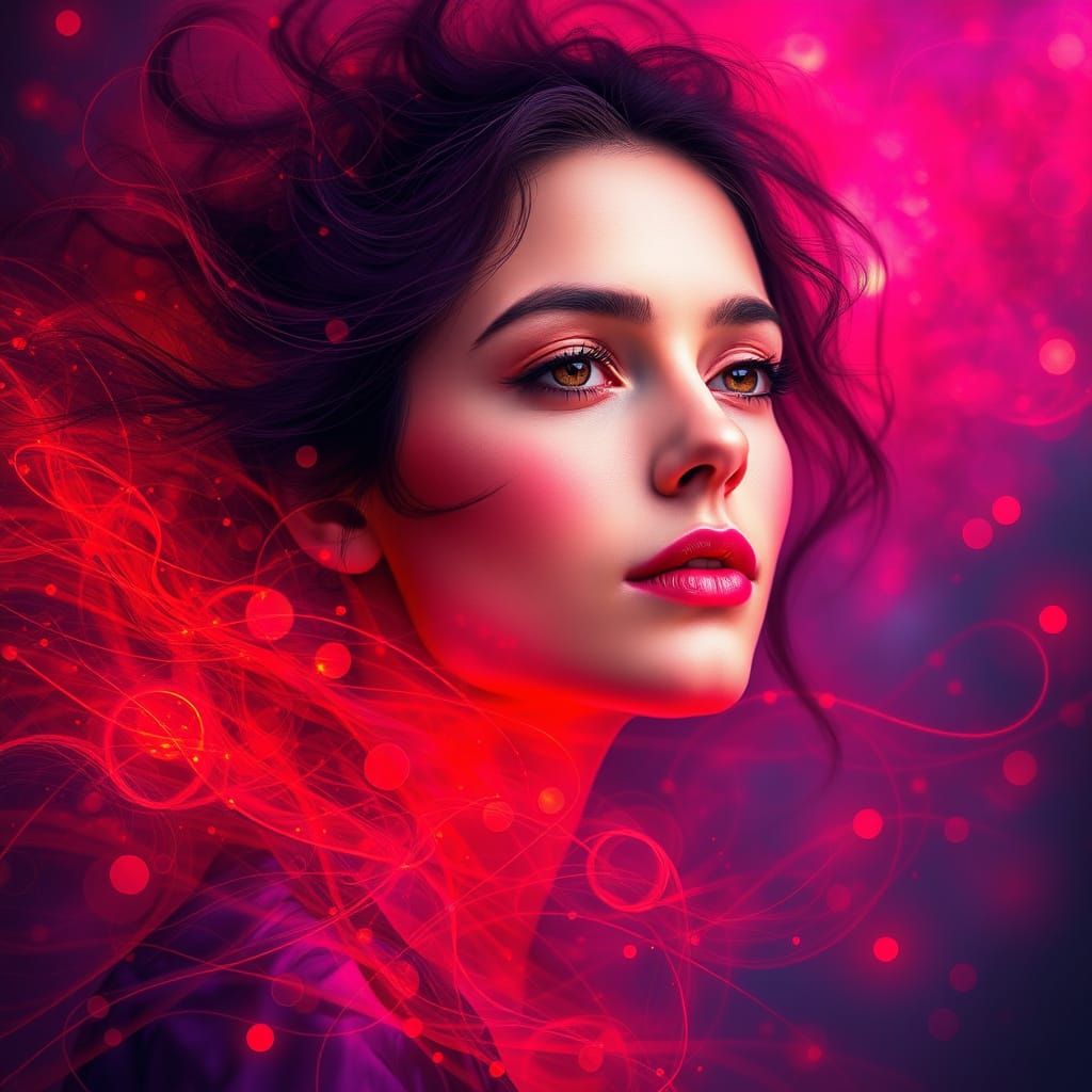Ethereal Portrait in Vibrant Red and Purple Auras