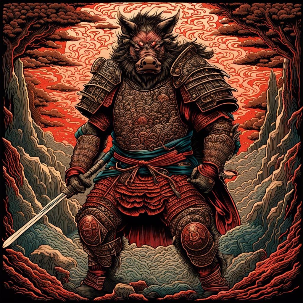 Boar Samurai Warrior in Woodblock Print Style