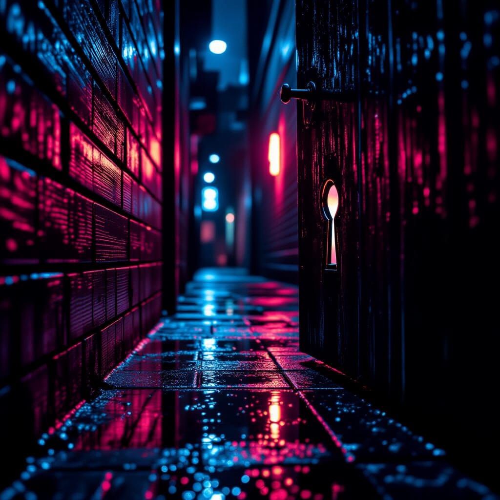 Suspenseful Neon Alleyway Through Keyhole