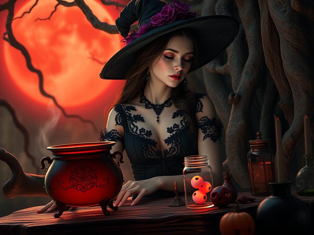 Ethereal Witch Brewing Potion in Forest, Renaissance Lightin...