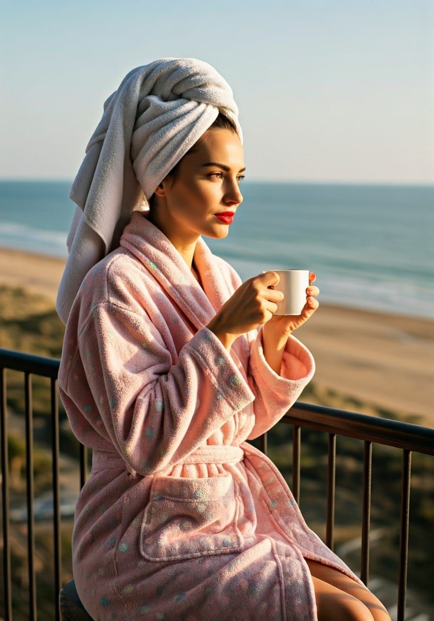 Serene Woman in Plush Pink Bathrobe Embodies High-End Fashio...