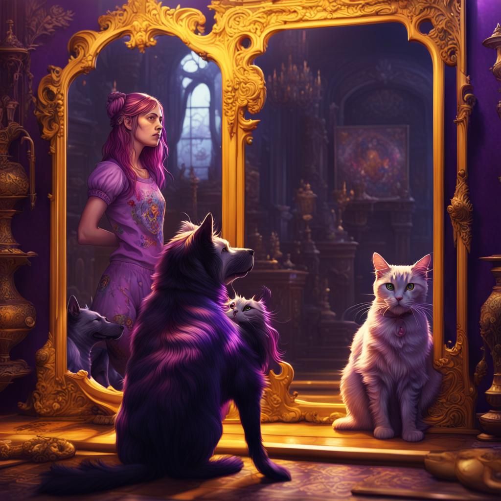Girls, Dog, Cat, and Mirror: Dark Fantasy Art