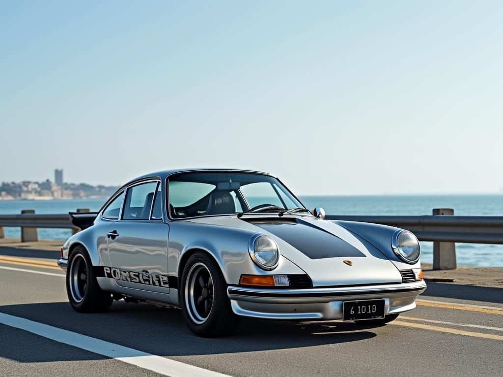 Silver Porsche 911 Carrera RS 2.7 in Retro-Futuristic Style
