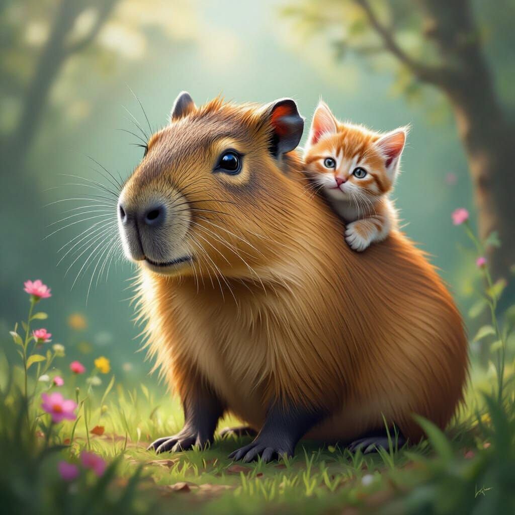 Capybara with Kitten Head in Dreamlike Setting