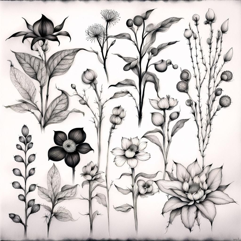 Detailed Botanical Illustration in Indian Ink Style