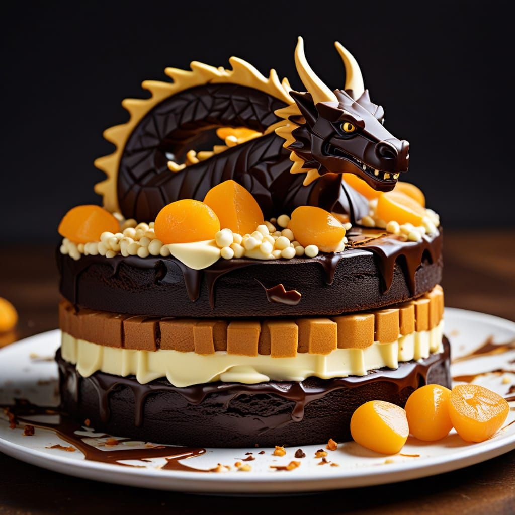 Chocolate Dragon on Sacher Torte in Cubist Style
