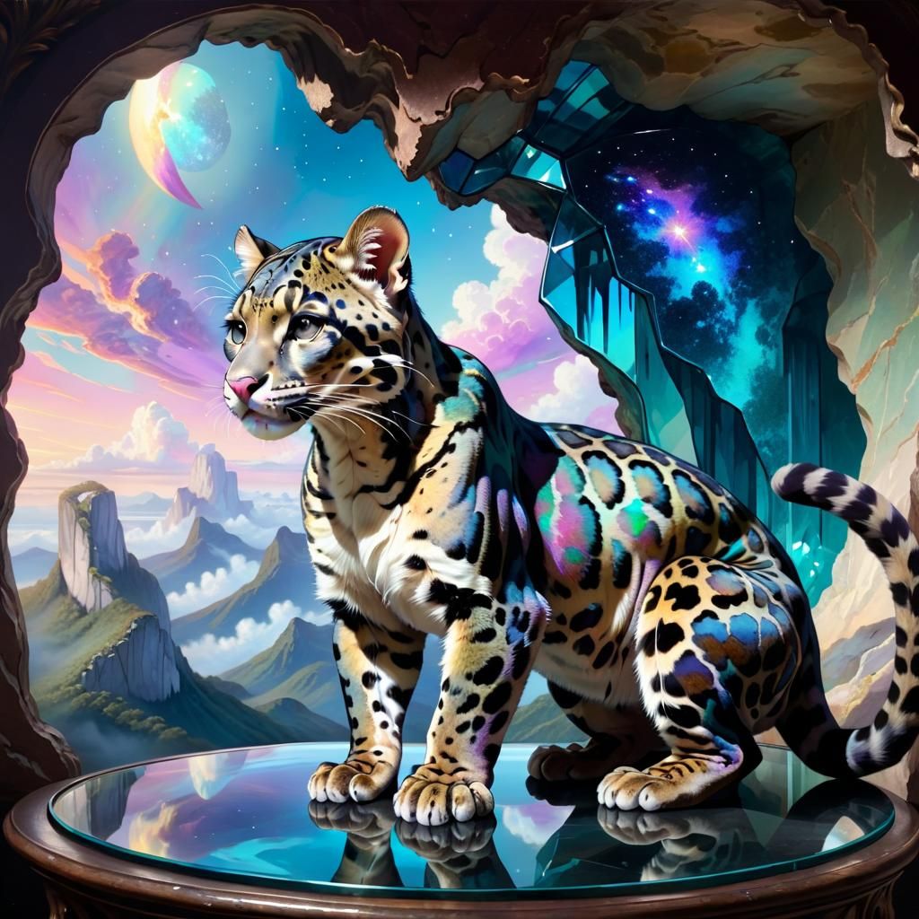 Clouded Leopard on Glass Cliff in Rococo Style