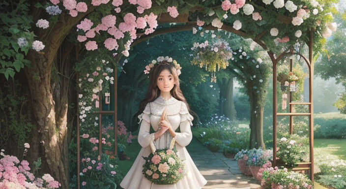 Serene Felt Girl in Whimsical Garden Paradise