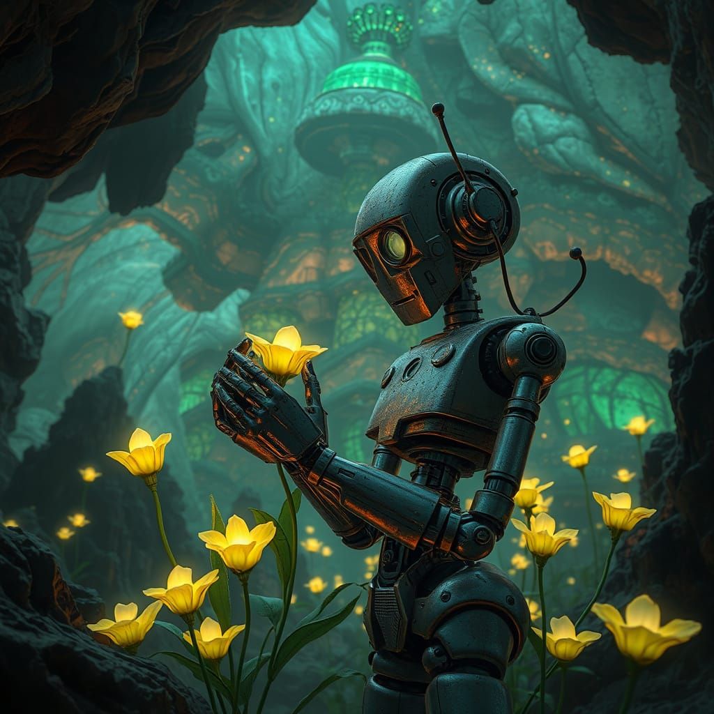 Steampunk Robot Tinkers Among Bioluminescent Caverns