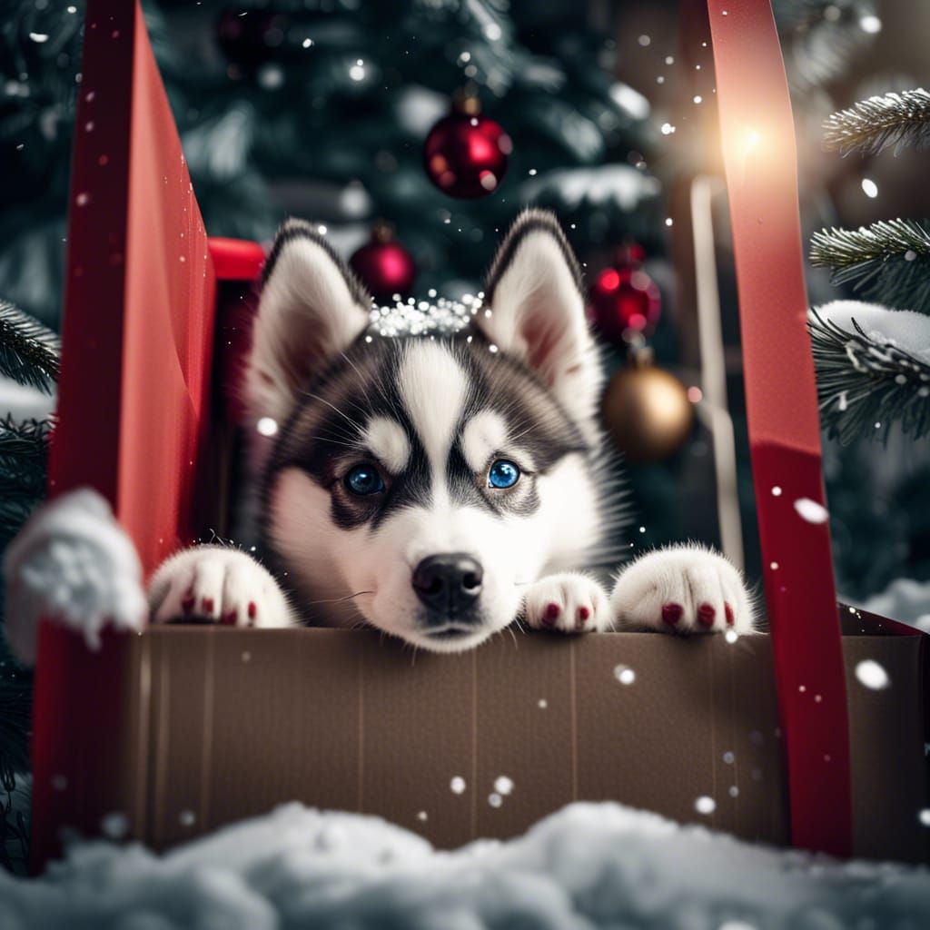 Cute Husky Puppy Peeking from Christmas Gift