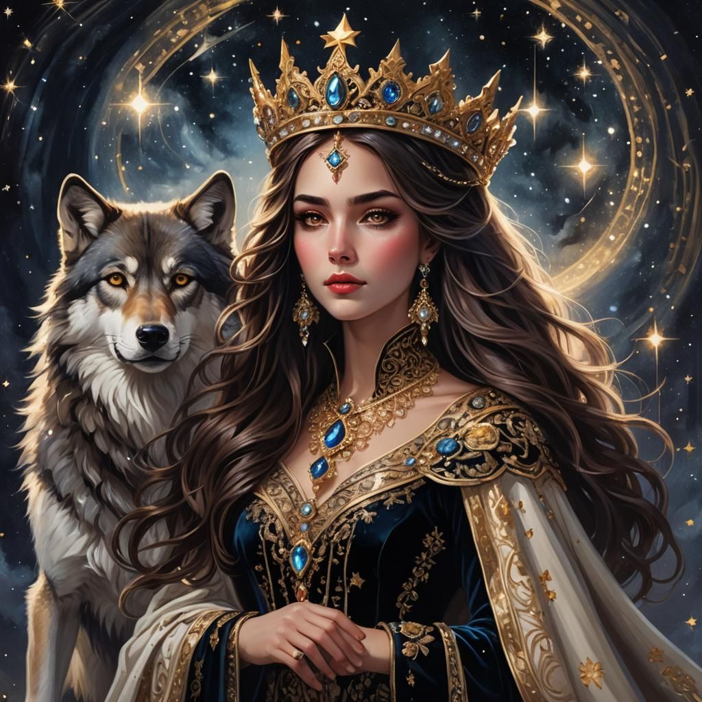 Queen and Wolf in Starry Night Fantasy Art