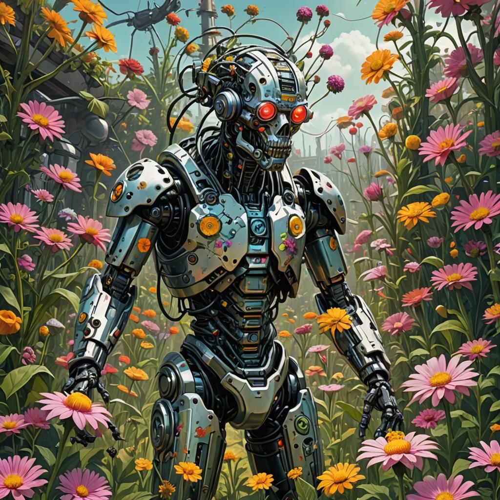 Biopunk Cyborg in Acid Flower Garden