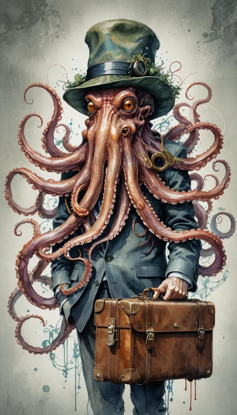 Octopus Salesman in Watercolor Manga Style