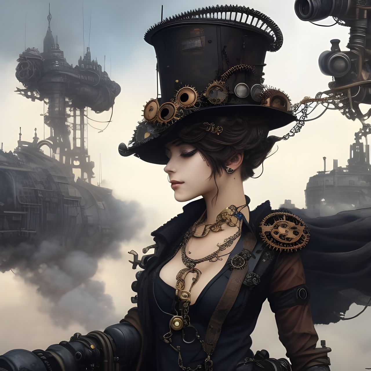 Steampunk Lady Portrait in Detailed Cityscape