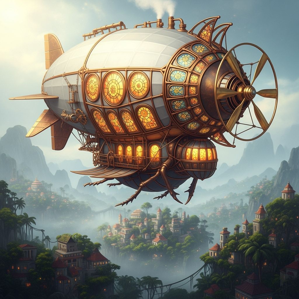 Steampunk Scarab Zeppelin Soaring Over Jungle City