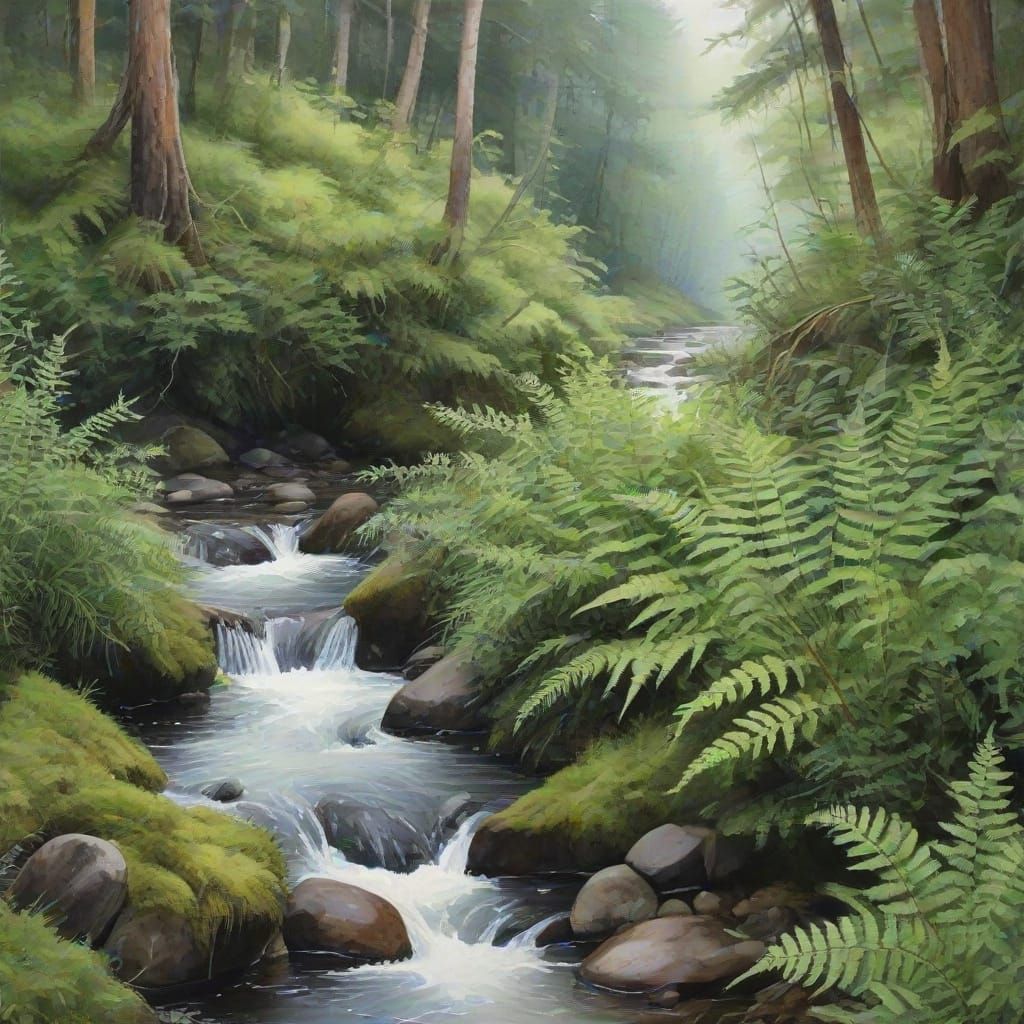 Messy Watercolor Forest Stream with Ferns and Moss