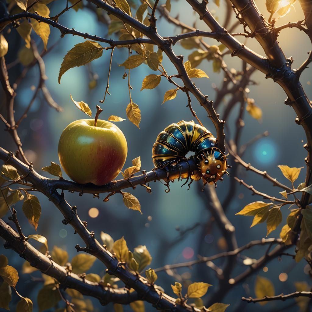 Caterpillar in Golden Apple: Hyper-Realistic Macro Photo