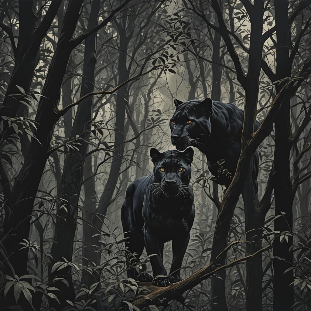 A black panther among trees in total darkness, everything is...