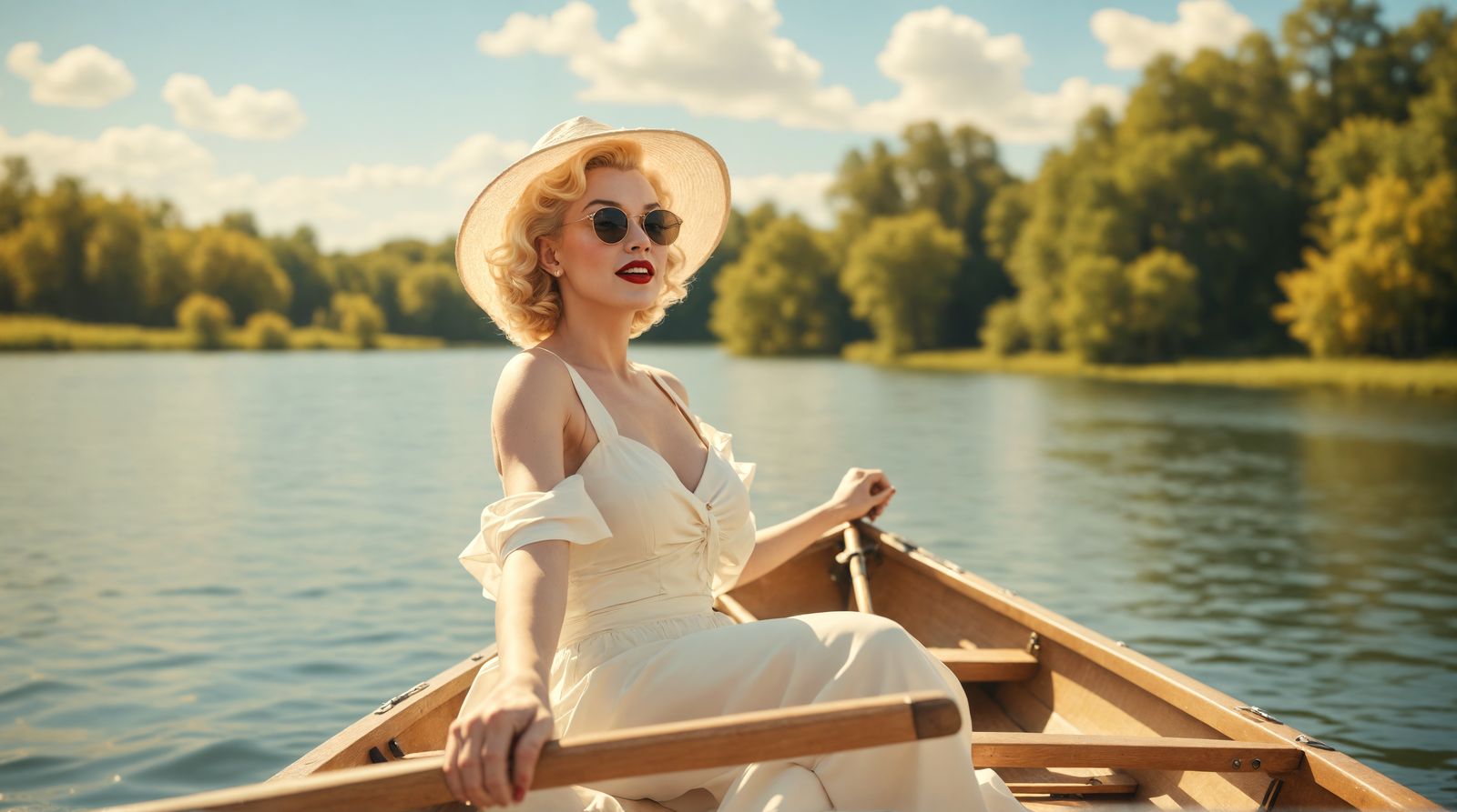 Marilyn Monroe Rows a Serene Lake in a Beautiful Closeup