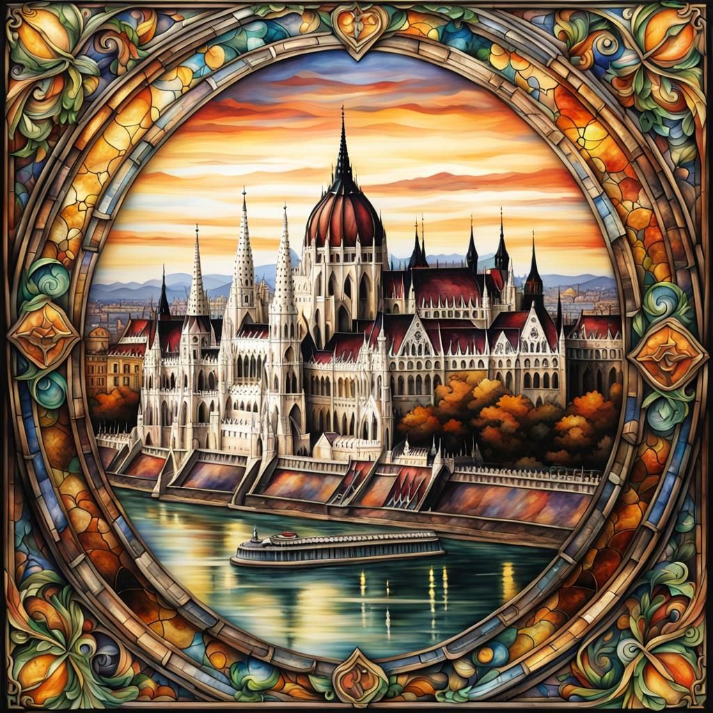 Budapest in Ornate Stained Glass Style