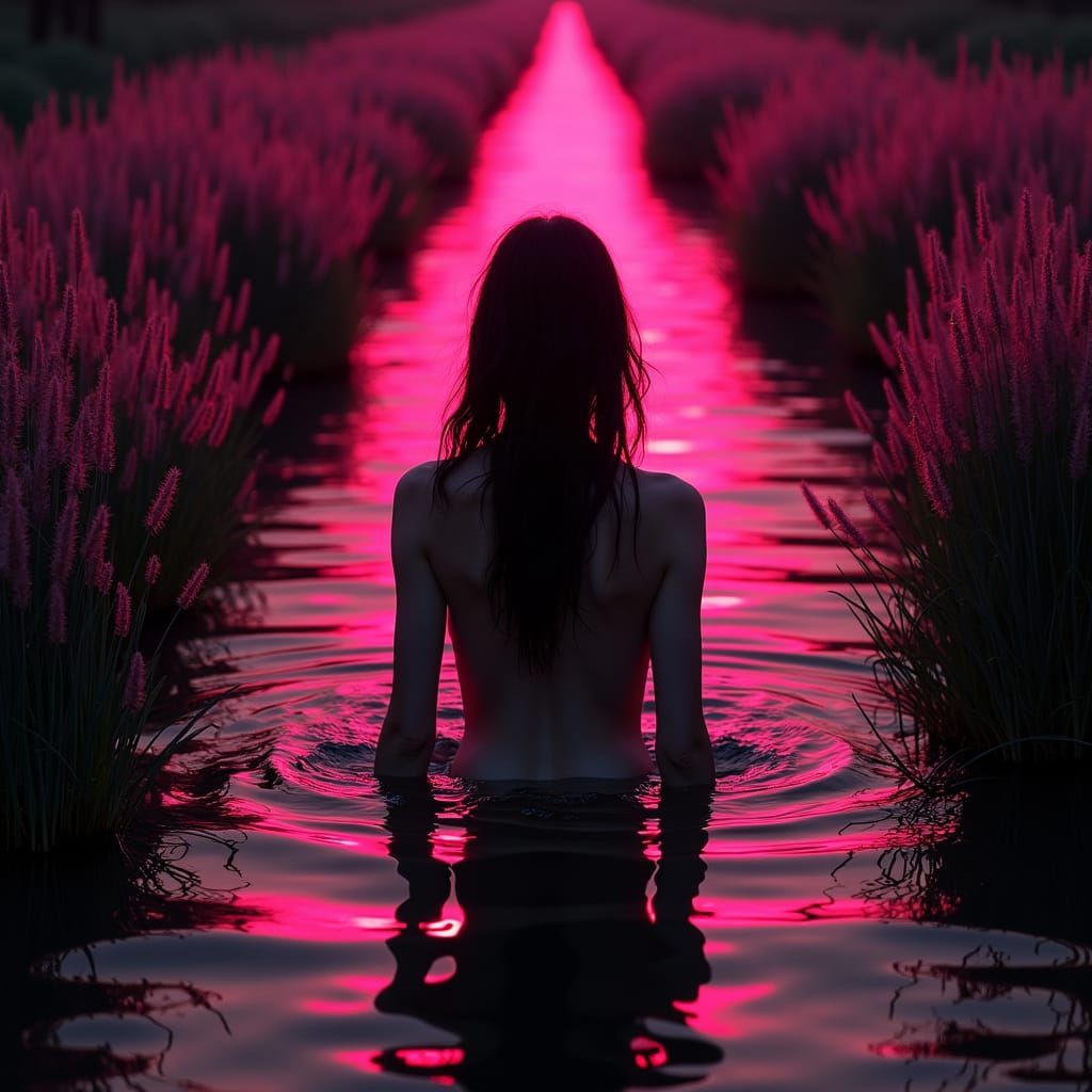 Ethereal Woman in Black River with Pink Glow