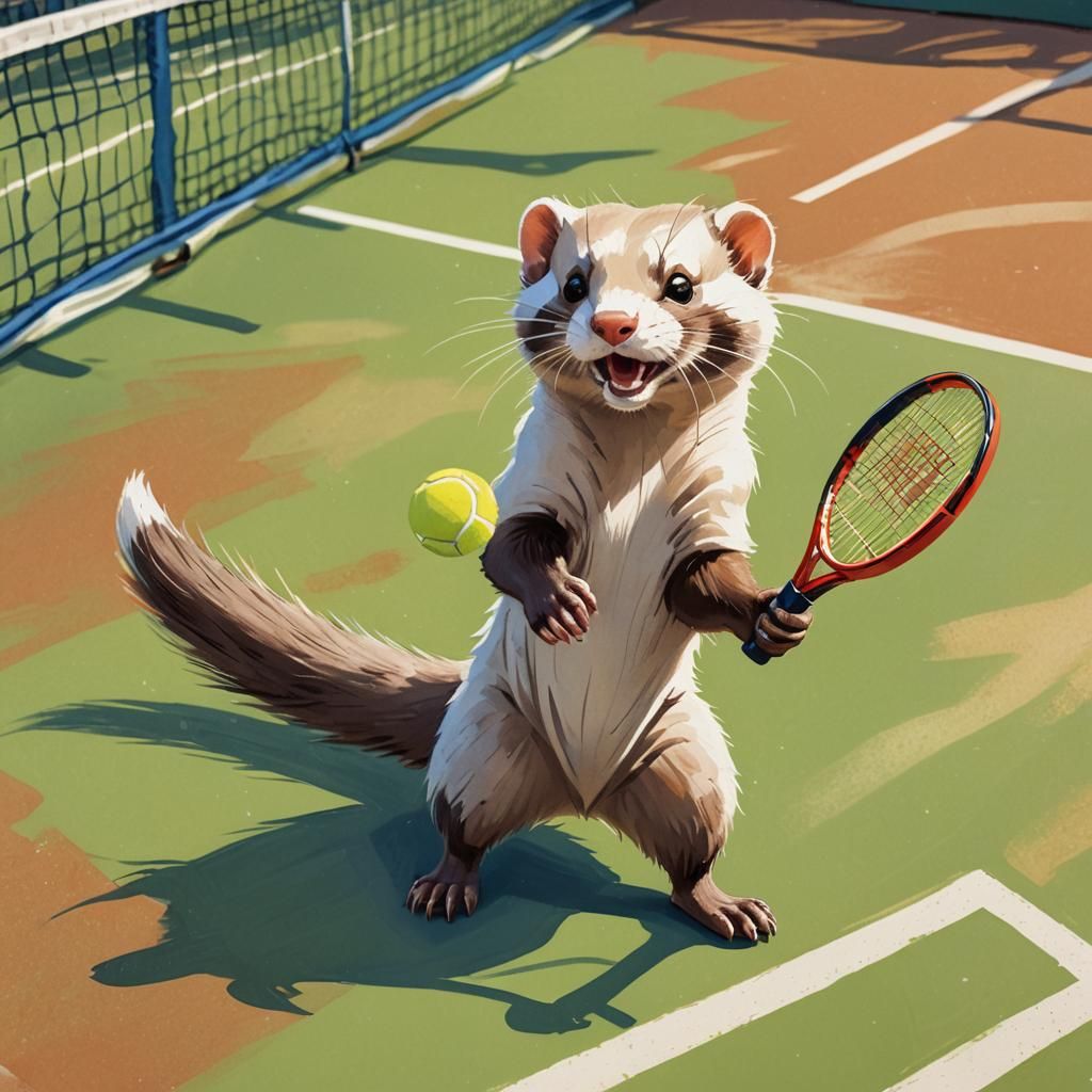 Cartoon Ferret Plays Tennis: Caricature Art