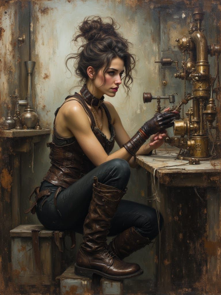 Steampunk Engineer Working on Contraption as Impasto