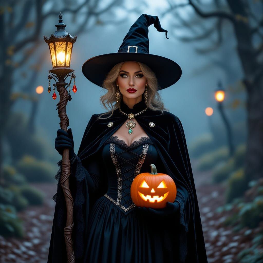 Elegant Witch Halloween Portrait in Misty Forest