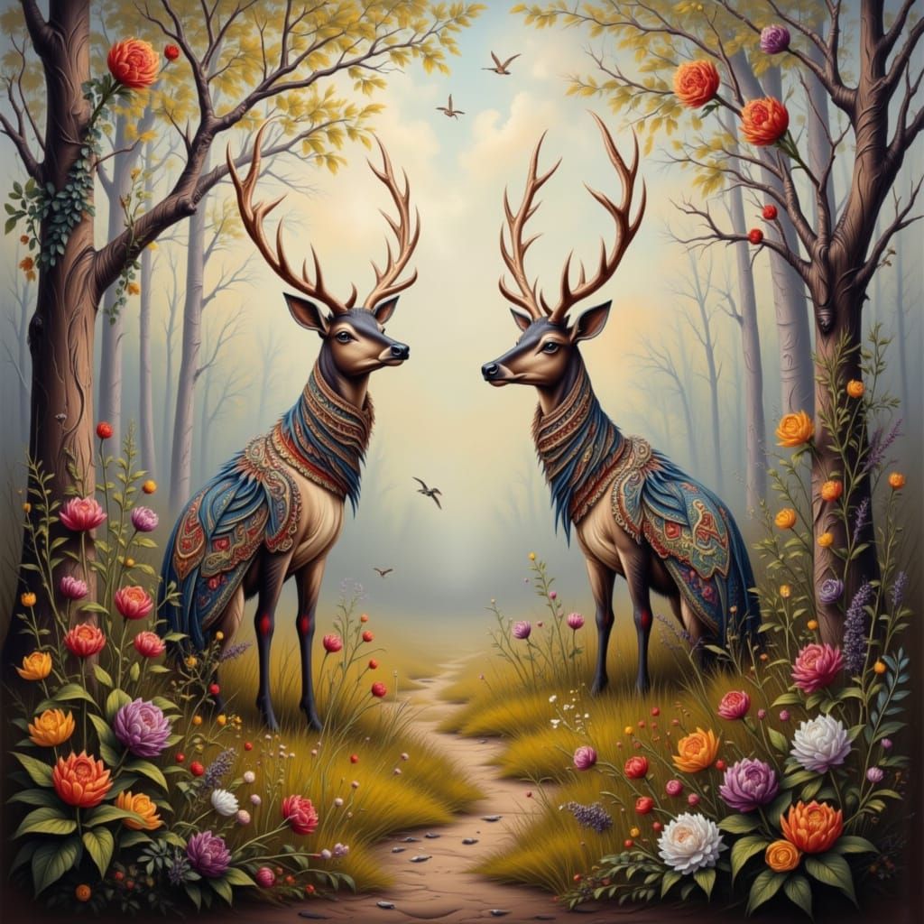 Origami Stag with Flux Wings in Summer Forest