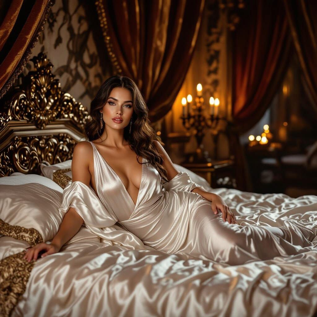 European Goddess on Luxurious Bed in Candlelit Chamber