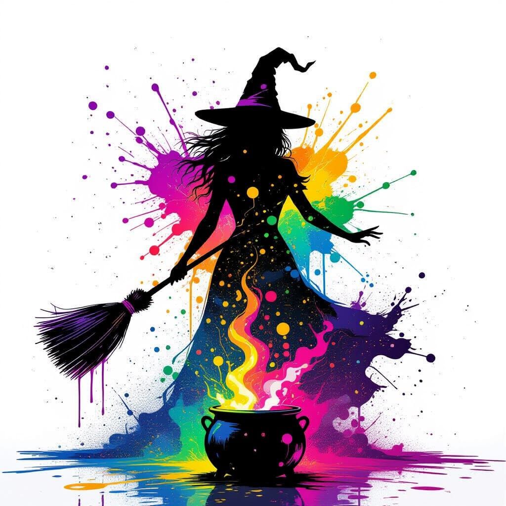 Vibrant Witch Silhouette in Explosive Paint Splatter Style