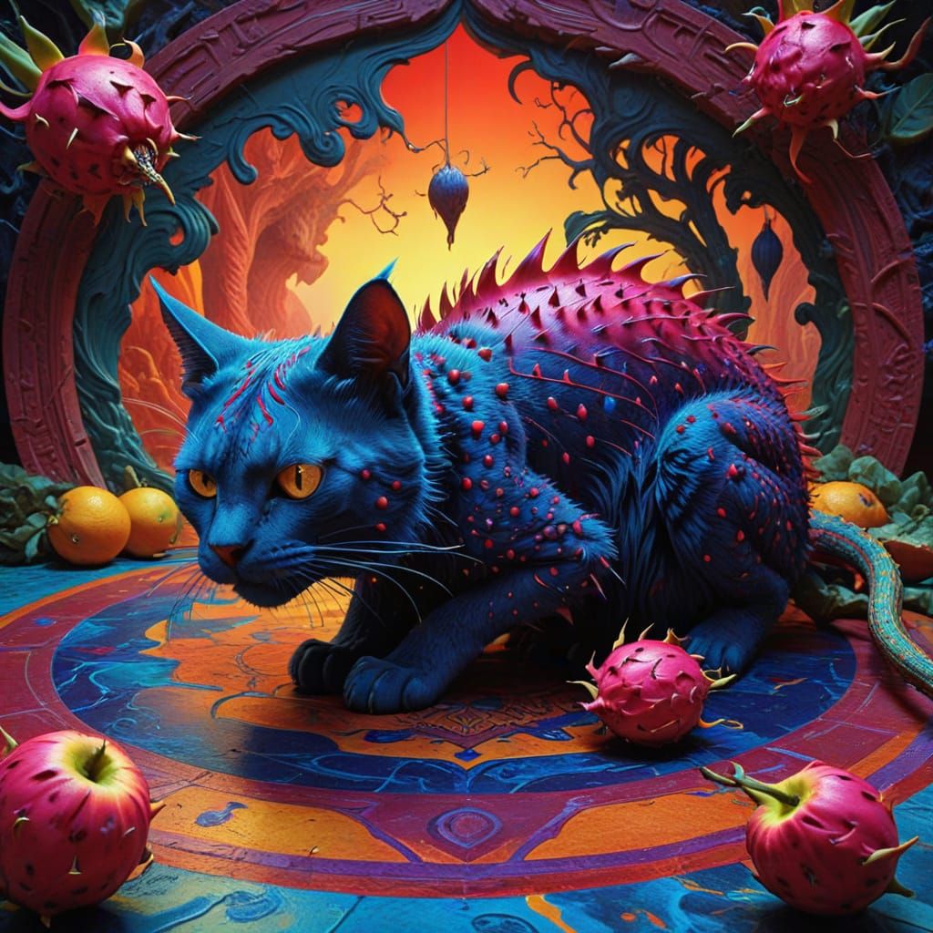 Dreamlike Fusion of Feline and Dragon Fruit