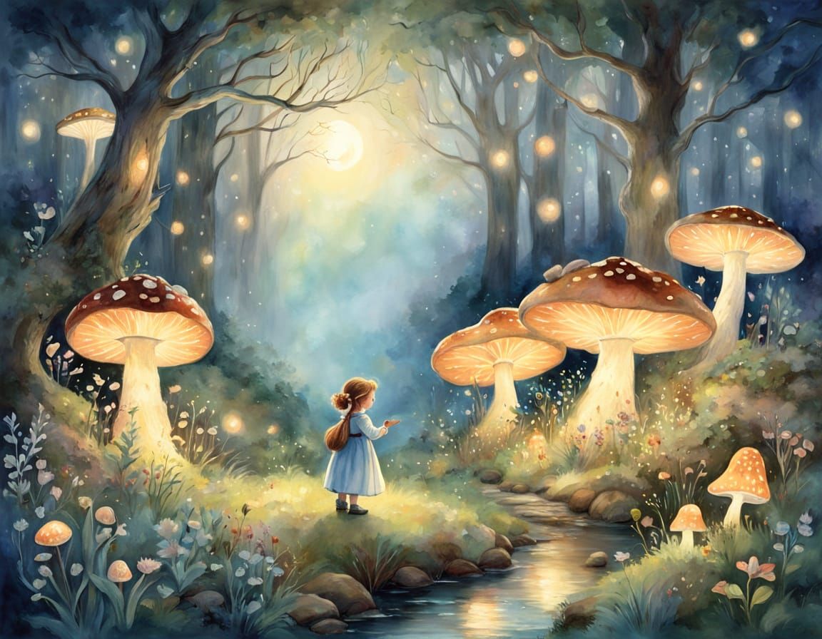 Dreamy Watercolor Illustration of a Young Girl in a Fantasti...