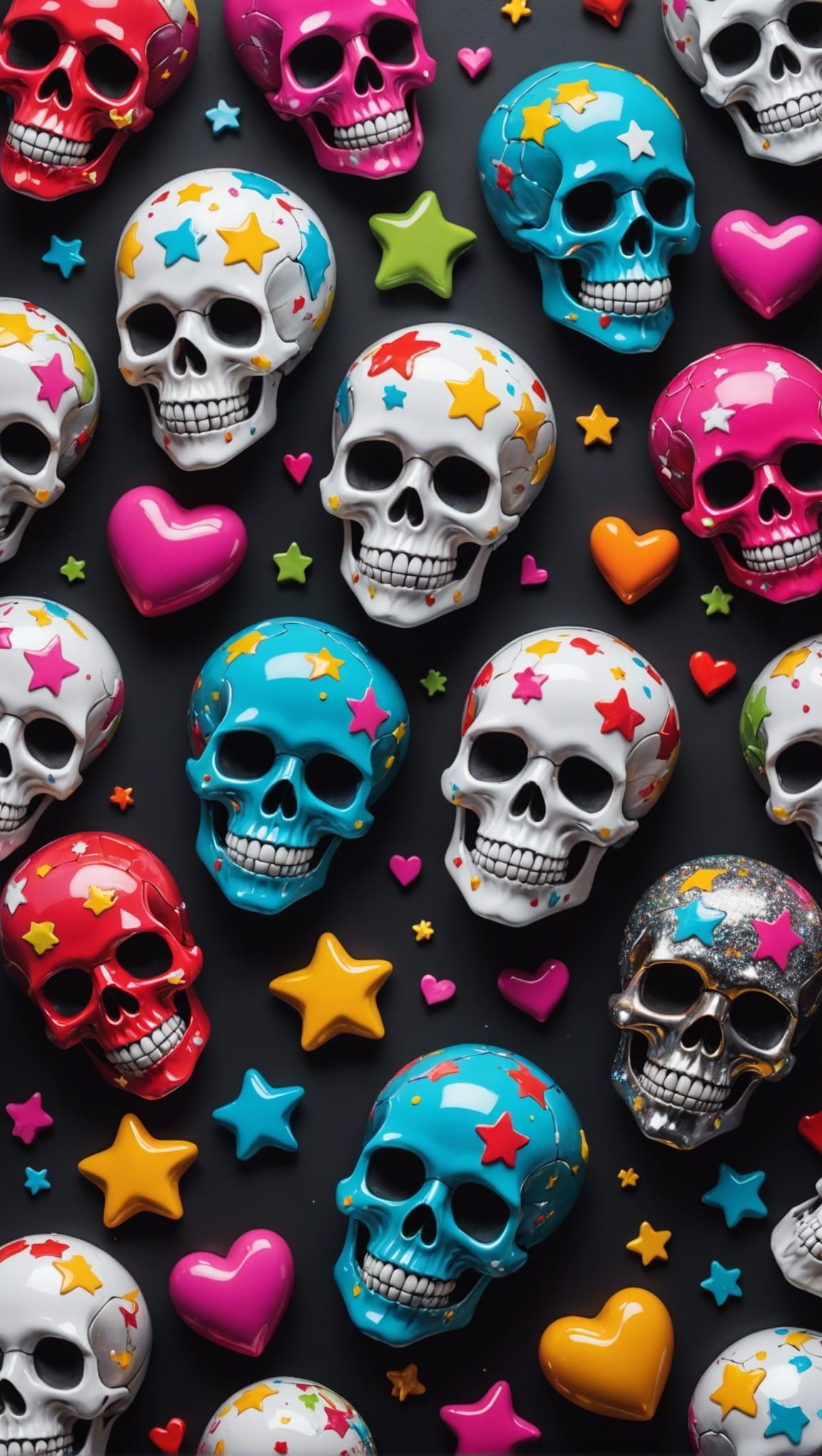 Vivid Kawaii Skulls and Hearts Wallpaper