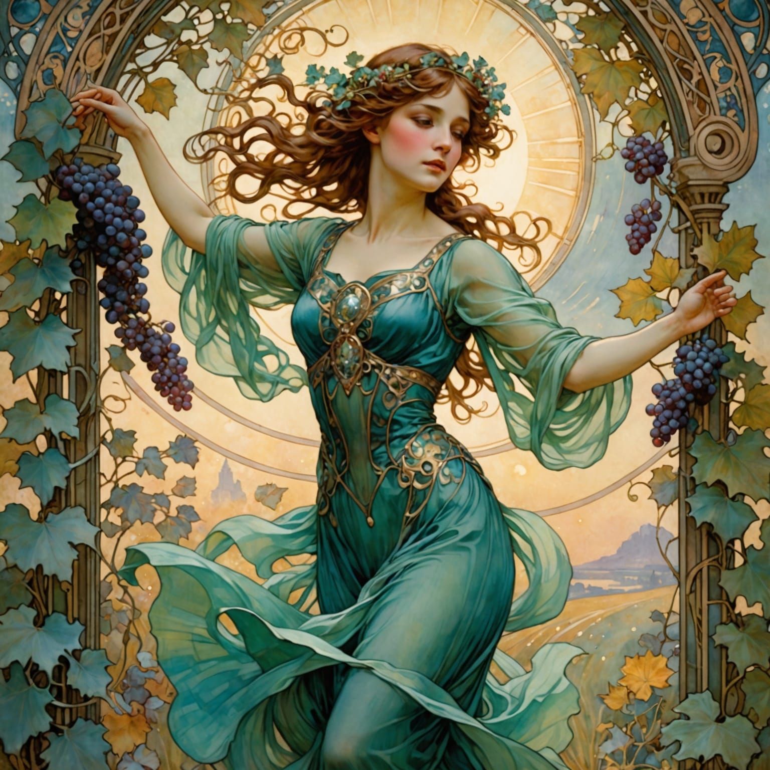 Art Nouveau Dancer in Ethereal Grape Field
