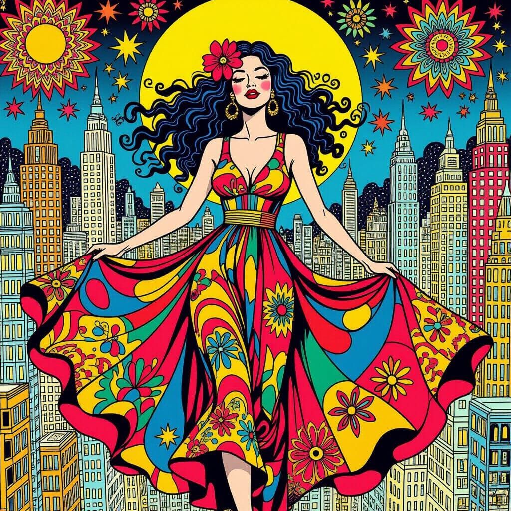 Eccentric Woman in Psychedelic Cityscape, in Comix Art Style