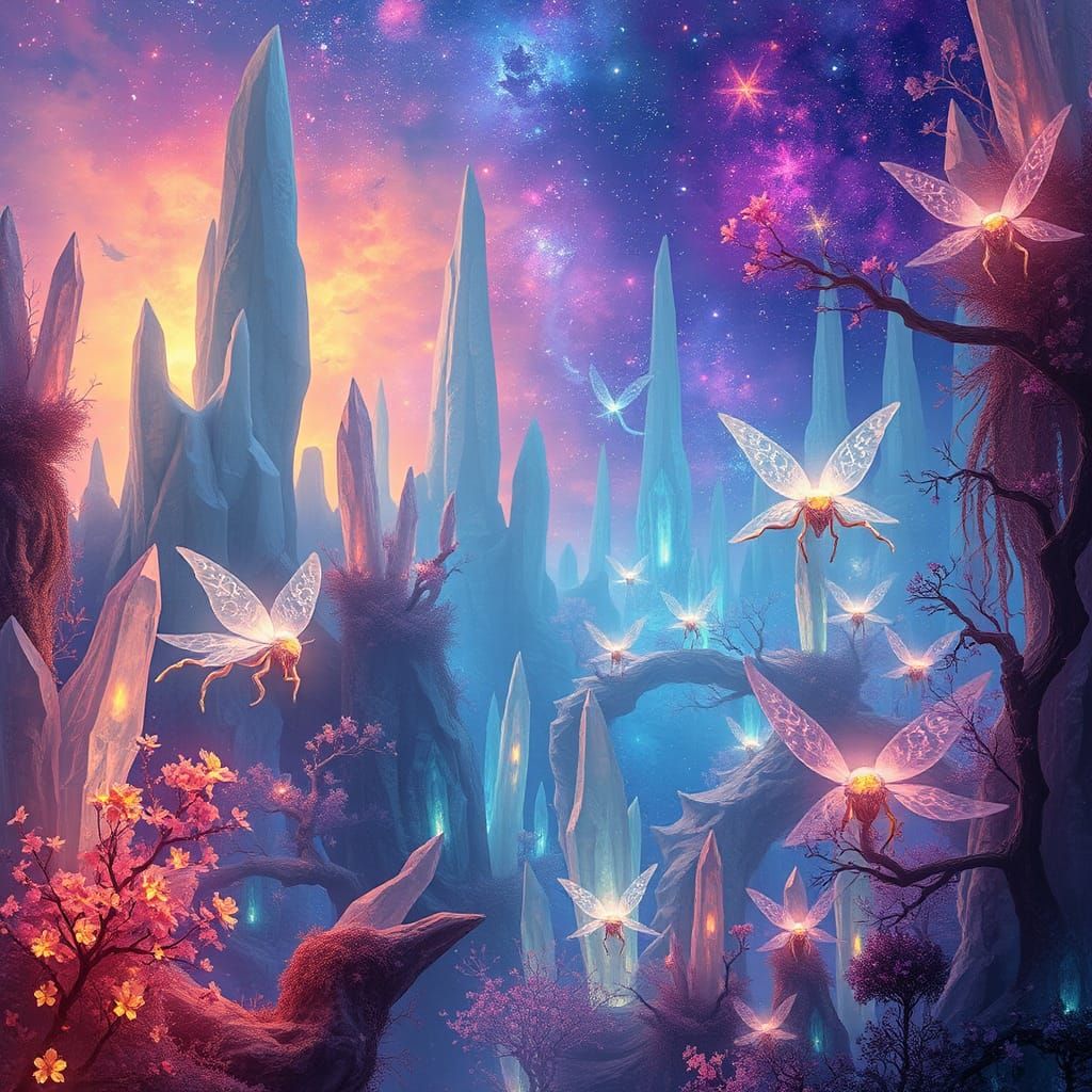 Ethereal, glowing creatures with iridescent, fluorescent markings and delicate, feathery appendages roam through a mysti...