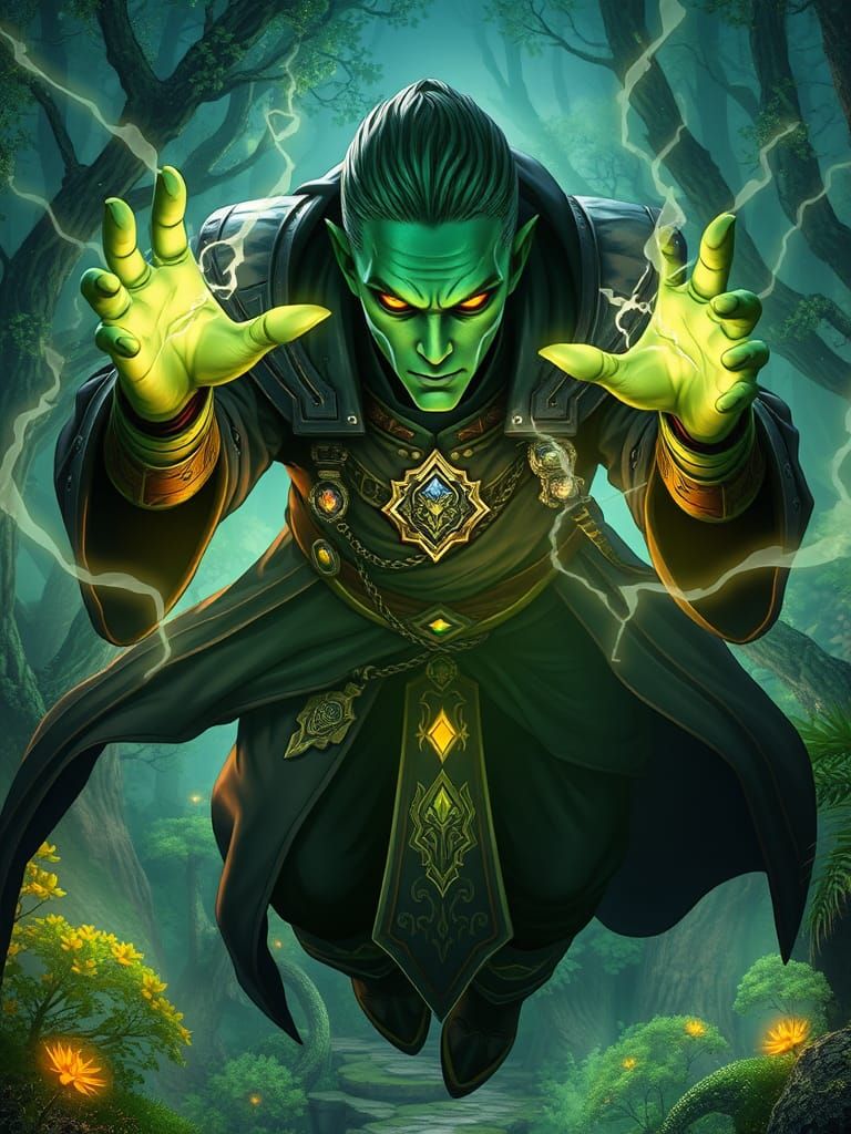 Hyperrealistic Fantasy Sorcerer in a Vibrant Mystical Forest