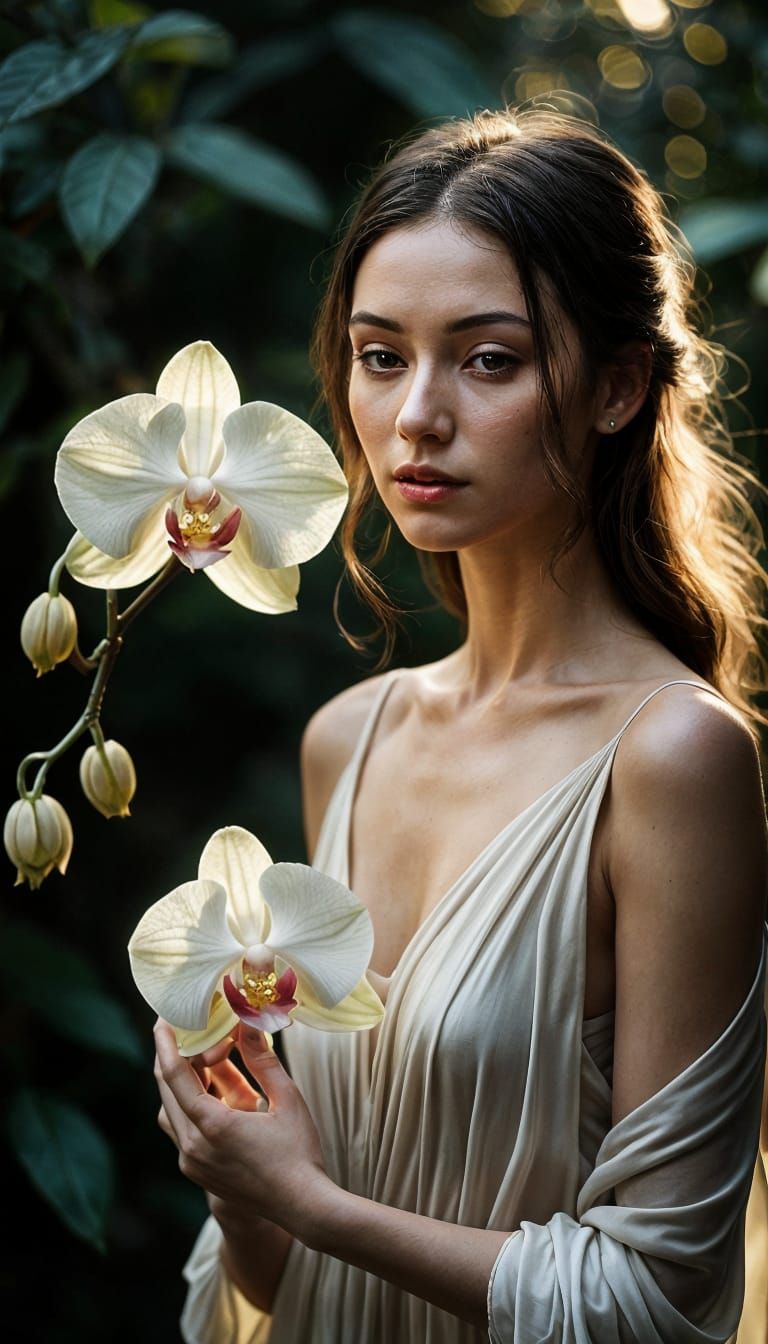 Ethereal Woman with Luminous Orchid in Dreamlike Setting