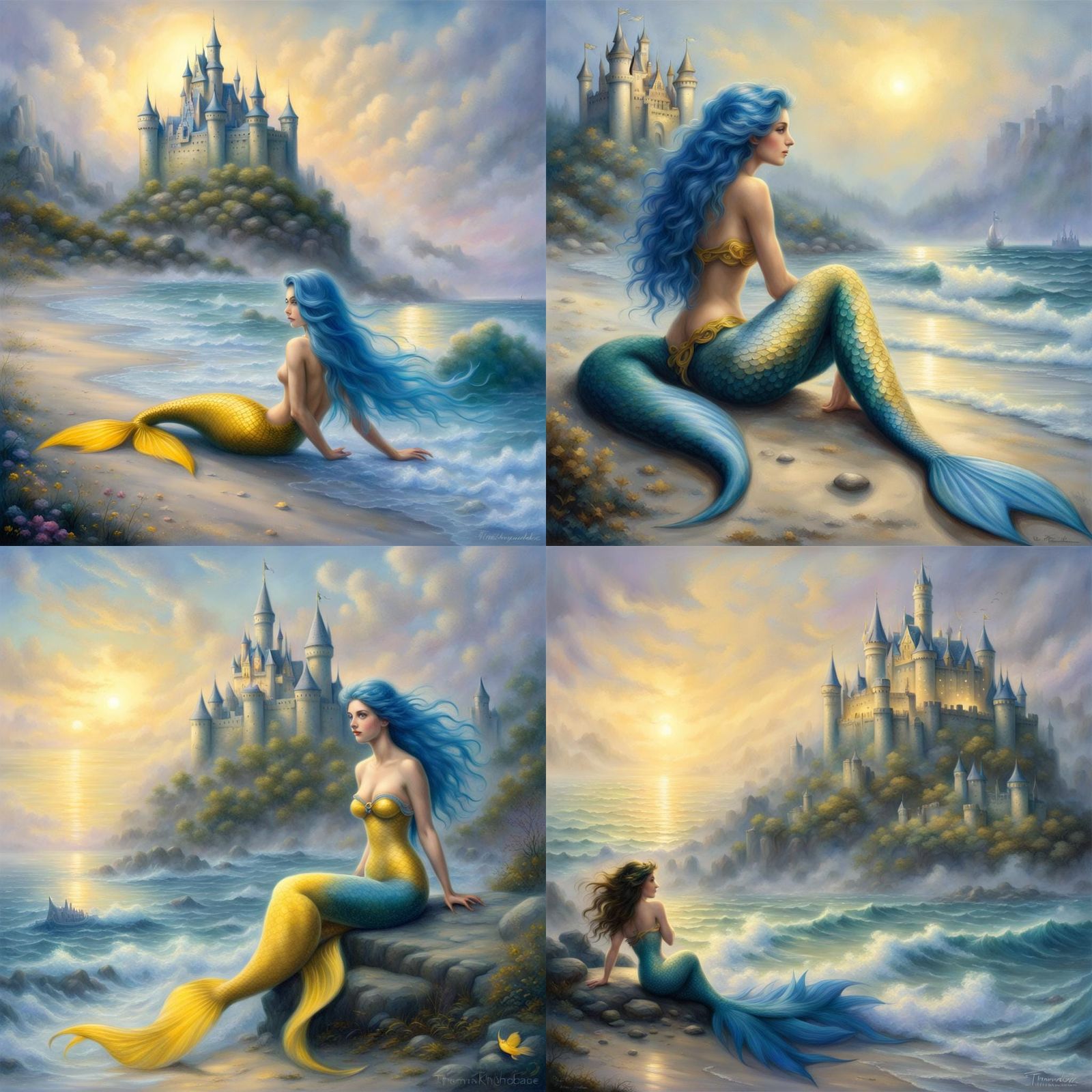 Blue-Haired Mermaid Lying on Beach with Castle
