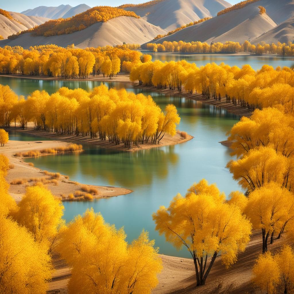Golden Populus Euphratica Forest Reflected in Lake