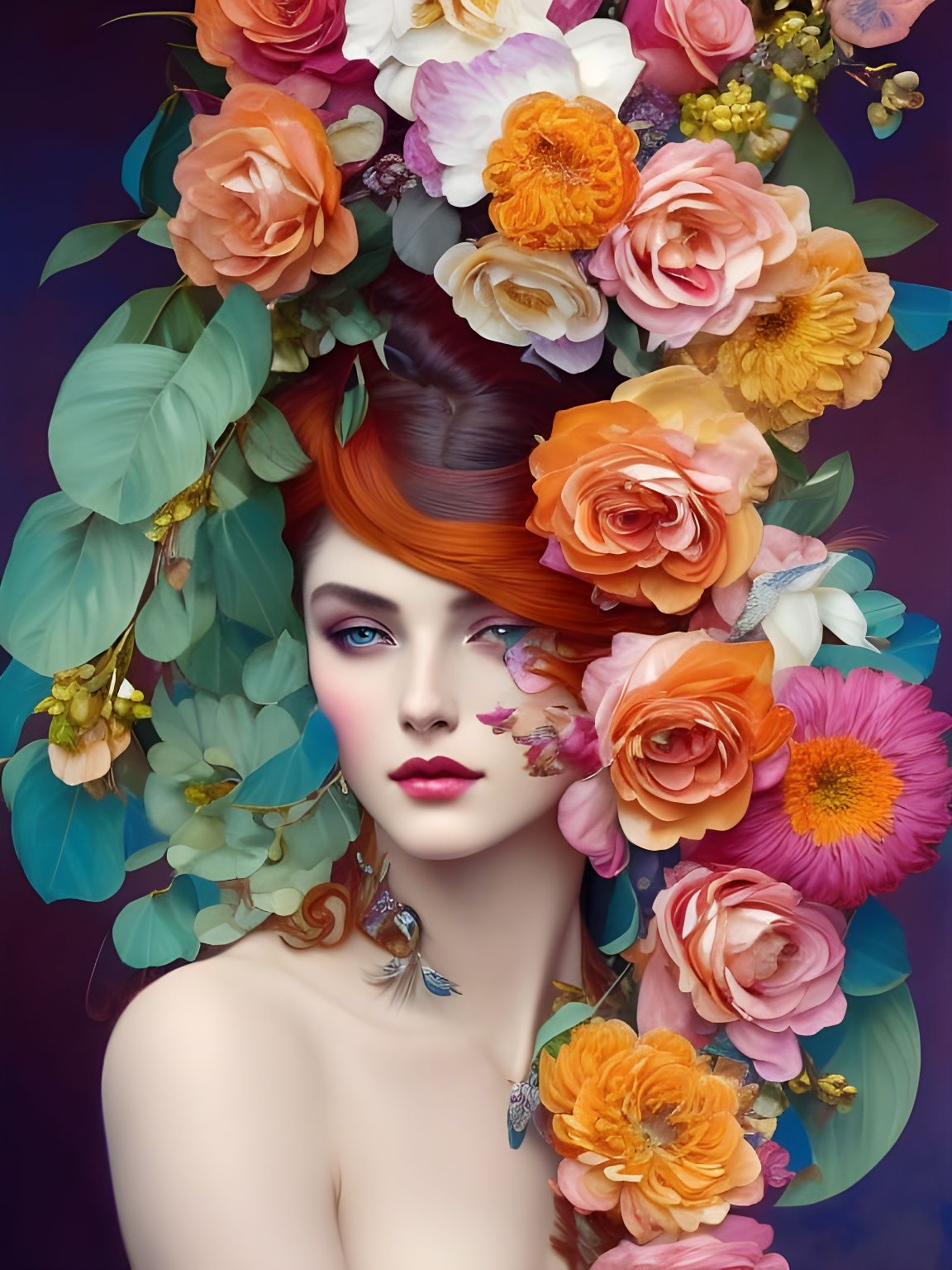 Hyperrealistic Princess with Flowers Art Nouveau Style