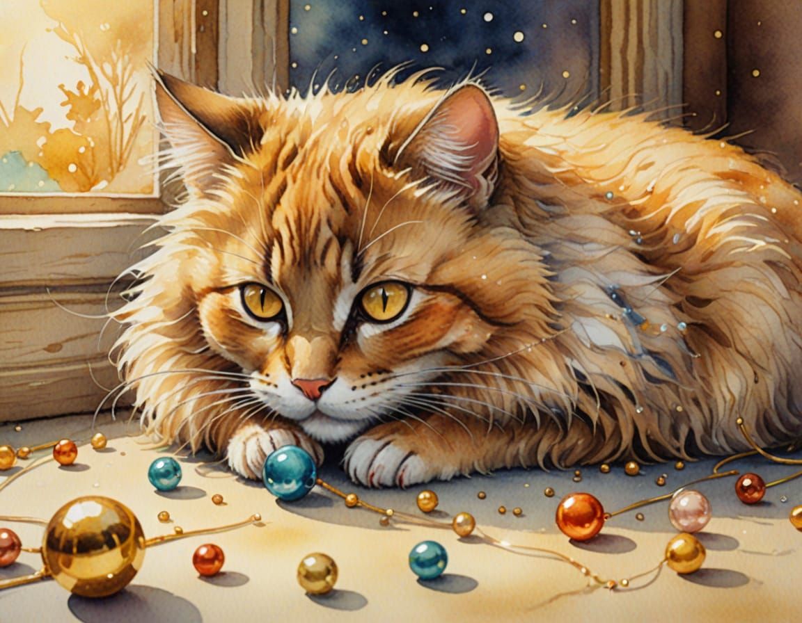 Mouse Steals Bead from Sleeping Cat in Watercolor Style