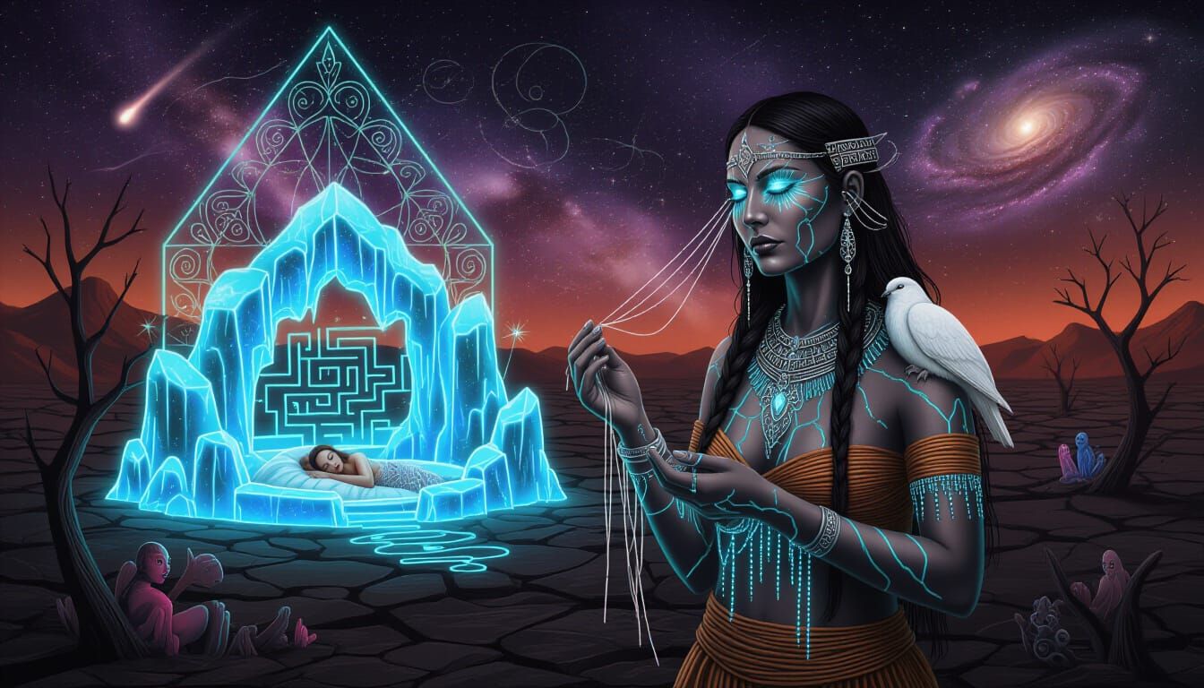 Mystical Shaman with Bioluminescent Core and Cosmic Sky