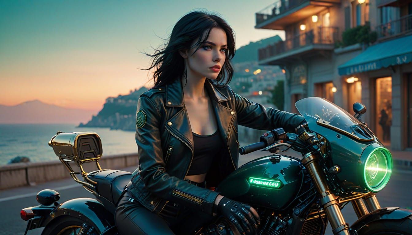 Ethereal Steampunk Goddess Rides Cyberpunk Motorbike on Fren...