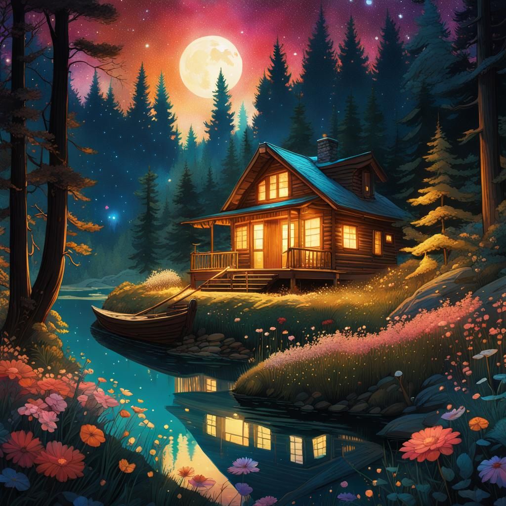 Magical Forest Cabin Under Starry Night Sky