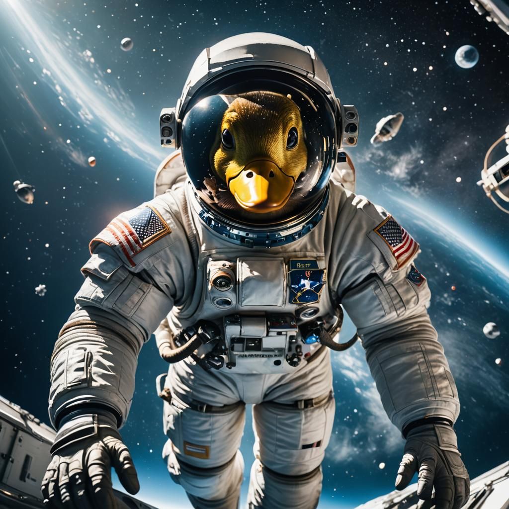 Astronaut Duck Spacewalk in Cinematic Style