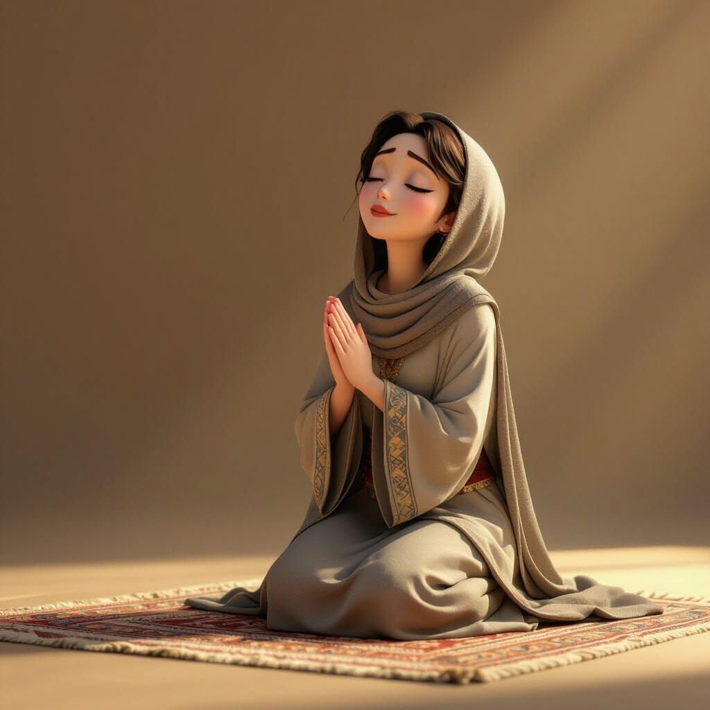 Woman Praying: Cartoon-Style Digital Illustration
