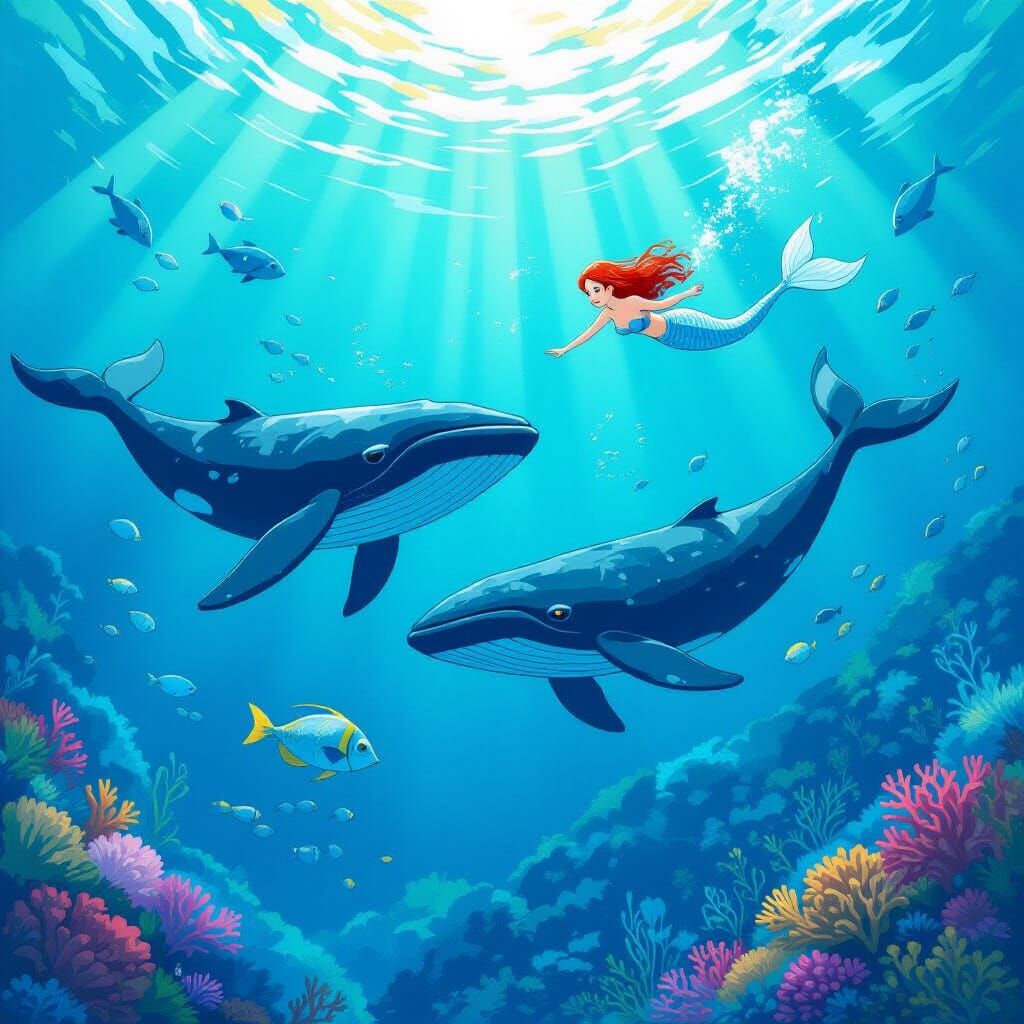 Mermaids and Whales in Vibrant Ocean, Whimsical Style